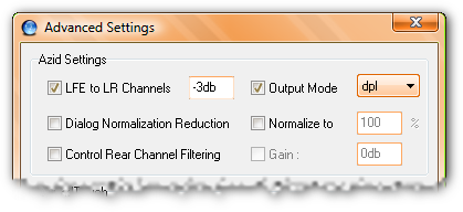 [x] LFE to LR Channels: -3db; [] Dialog Normalization Reduction; [] Control Rear Channel Filtering; [x] Output Mode: dpl; [] Normalize to 100%