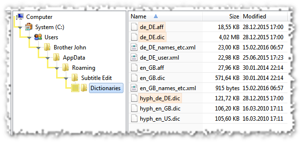 Ordner %APPDATA%\\Subtitle Edit\\Dictionaries mit den Dateien de_DE.aff, de_DE.dic und hyph_de_DE.dic