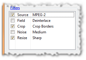 Filterliste: [x] Source: MPEG-2 | [x] Crop: Crop Borders | [ ] Field: Deinterlace | [x] Resize: Sharp